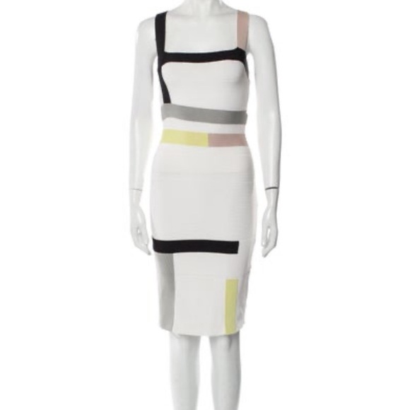 Herve Leger White Colorblock Printed Bandage Midi Dress Size Small - Picture 1 of 7